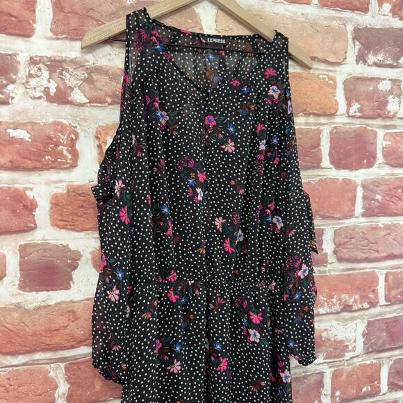Express Dress Womens M Black Multicolor Floral Polka Dot Slit Tie Sleeve Casual - Picture 3 of 8